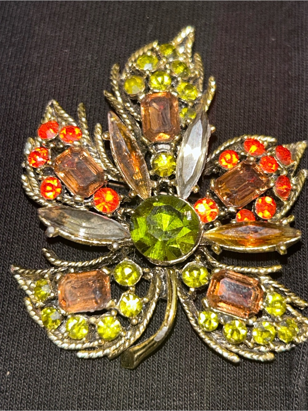 Vintage Green and Orange Crystal Floral Brooch